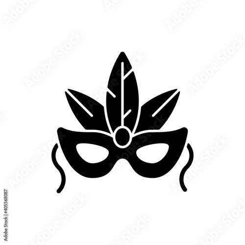 Masks black glyph icon. Carnival dressing. Costume for masquerade. Fantasy orante face mask. Brazilian festival. Halloween disguise. Silhouette symbol on white space. Vector isolated illustration