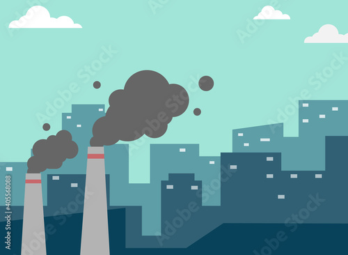 Air pollution in the city. Smoke from factory pipes. Building city background.