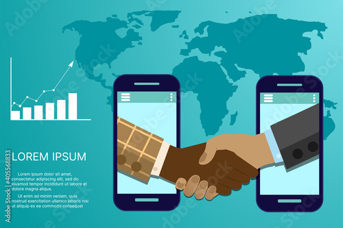 Business handshake using online connections. Concluding transactions online, opening a new startup. People sign a contract against the backdrop of a growing financial chart. Place for text. Vector
