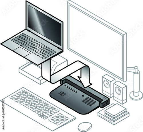 Diagram of laptop attaching onto a dock. With line drawings of peripherals connected to the dock.