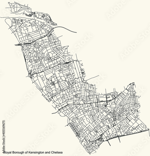 Black simple detailed street roads map on vintage beige background of the neighbourhood Royal Borough of Kensington and Chelsea, London, England, United Kingdom