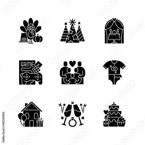 Party black glyph icons set on white space. Thanksgiving tradition. Birthday cone hats. Wedding reception. Game night. Family gathering. Silhouette symbols. Vector isolated illustration