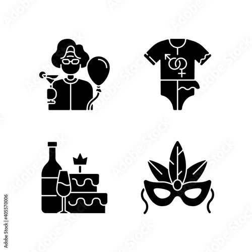 Family party greeting black glyph icons set on white space. Retirement celebration. Happy retiree. Bridal cake. Bachelorette party. Festival costume. Silhouette symbols. Vector isolated illustration