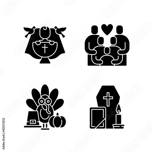 Family tradition and special occasions black glyph icons set on white space. Christening ceremony, baby baptism. Thanksgiving party. Funeral service. Silhouette symbols. Vector isolated illustration