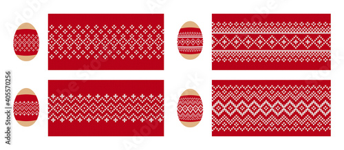 Easter eggs with knit print. Seamless knitted pattern. Set red sweater textures. Geometric background. Holiday fair isle traditional ornament. Vector illustration.