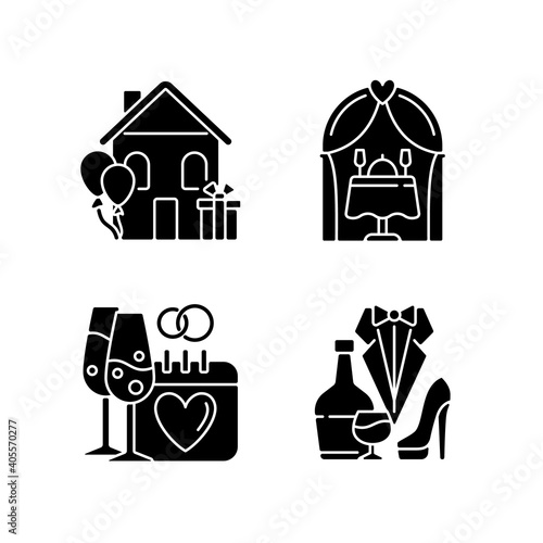 Family celebration black glyph icons set on white space. Housewarming party. Engagement date. Romantic dinner. Wedding reception. Marriage celebration. Silhouette symbols. Vector isolated illustration