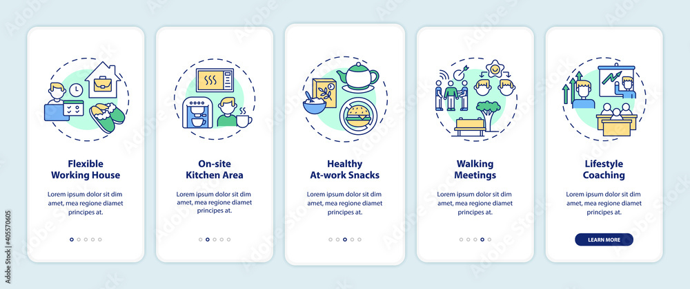 Workplace wellness examples onboarding mobile app page screen with concepts. Walking meetings, healthy snacks walkthrough 5 steps graphic instructions. UI vector template with RGB color illustrations