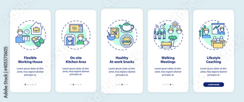 Workplace wellness examples onboarding mobile app page screen with concepts. Walking meetings, healthy snacks walkthrough 5 steps graphic instructions. UI vector template with RGB color illustrations © bsd studio