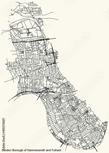 Black simple detailed street roads map on vintage beige background of the neighbourhood London Borough of Hammersmith and Fulham, England, United Kingdom