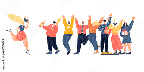Happy people take pictures. Holiday. Vector illustration. Isolated on a white background. Flat style.