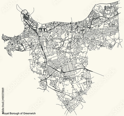 Black simple detailed street roads map on vintage beige background of the neighbourhood Royal Borough of Greenwich, London, England, United Kingdom