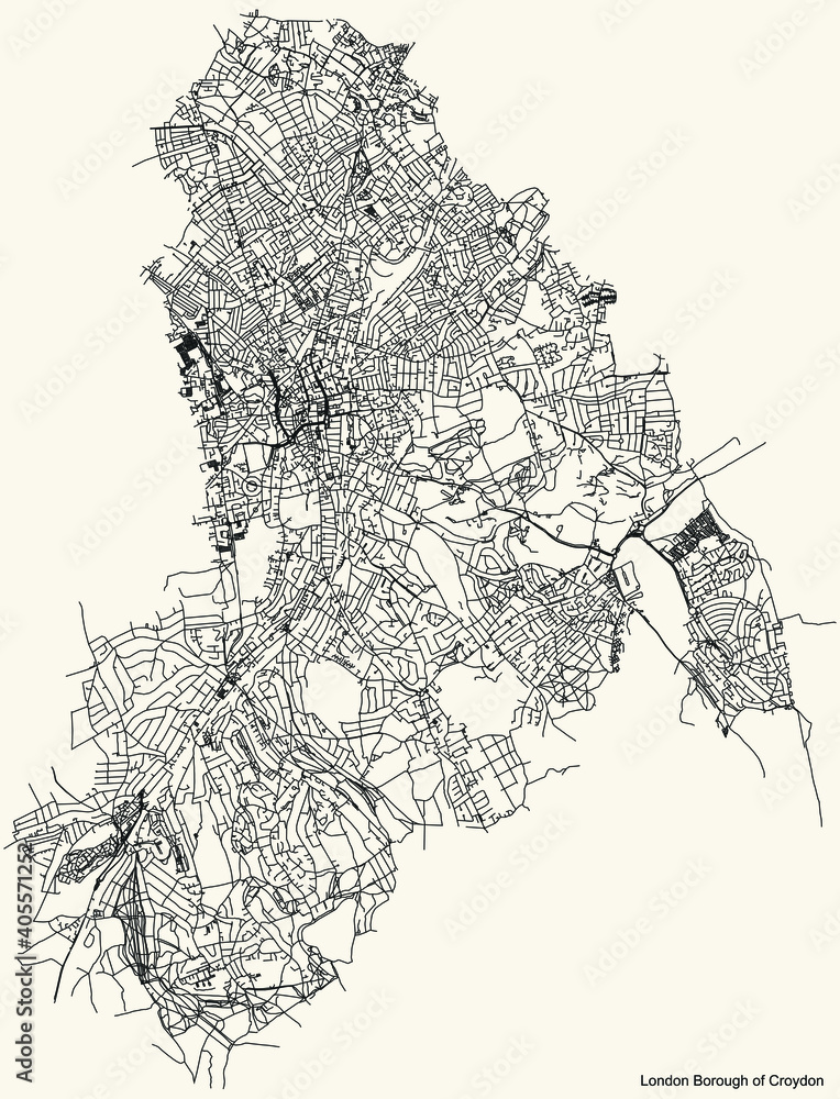 Black simple detailed street roads map on vintage beige background of the neighbourhood London Borough of Croydon, England, United Kingdom