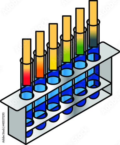 Litmus test. Six test tubes with different pH levels shown on litmus paper strips.