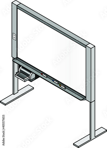 An electronic whiteboard with a printer and colorful markers.