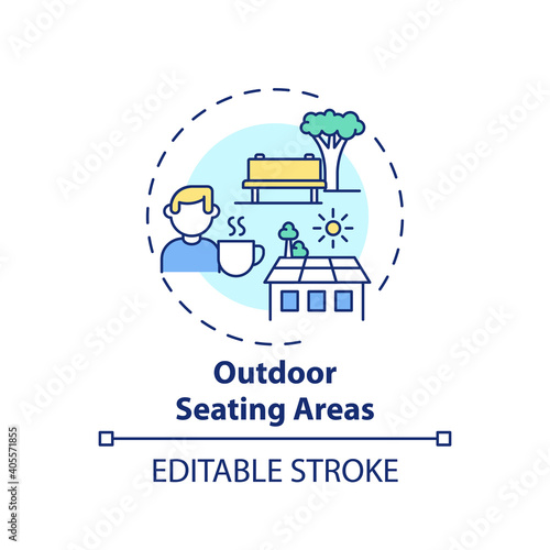 Outdoor seating areas concept icon. Workplace wellness practice idea thin line illustration. Taking healthy breaks. Patio gathering space. Vector isolated outline RGB color drawing. Editable stroke