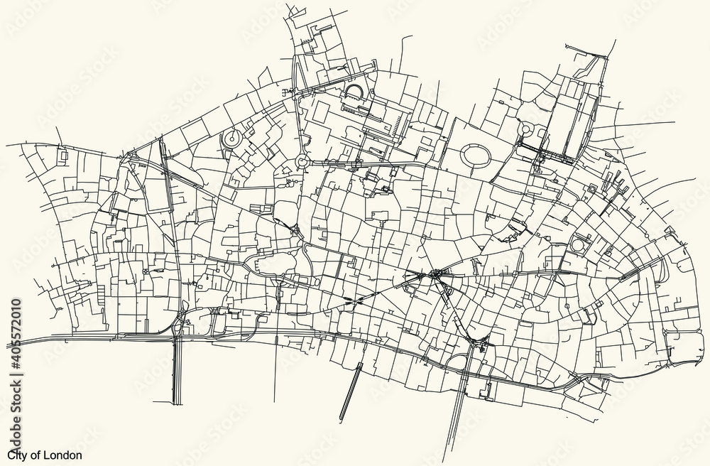 Black simple detailed street roads map on vintage beige background of the neighbourhood City of London, England, United Kingdom