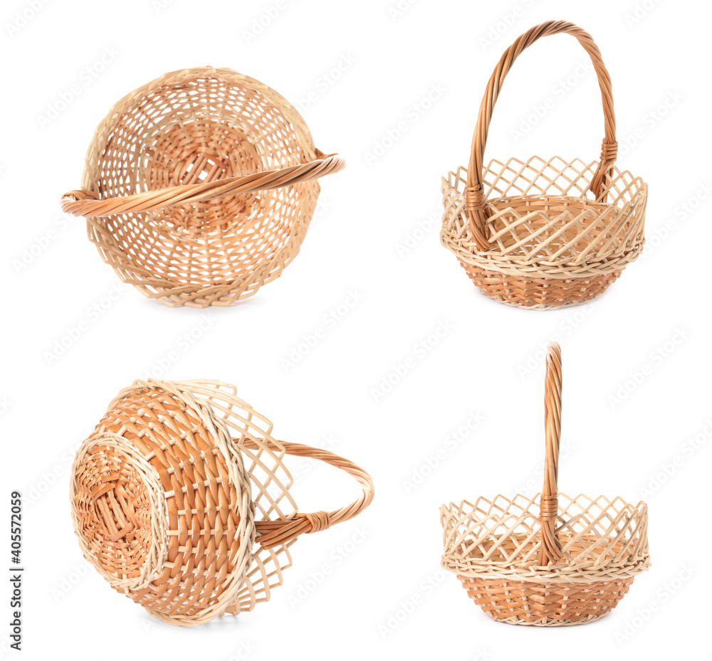 Obraz premium Set with empty wicker baskets on white background