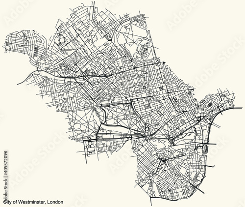 Black simple detailed street roads map on vintage beige background of the neighbourhood London Borough City of Westminster, England, United Kingdom