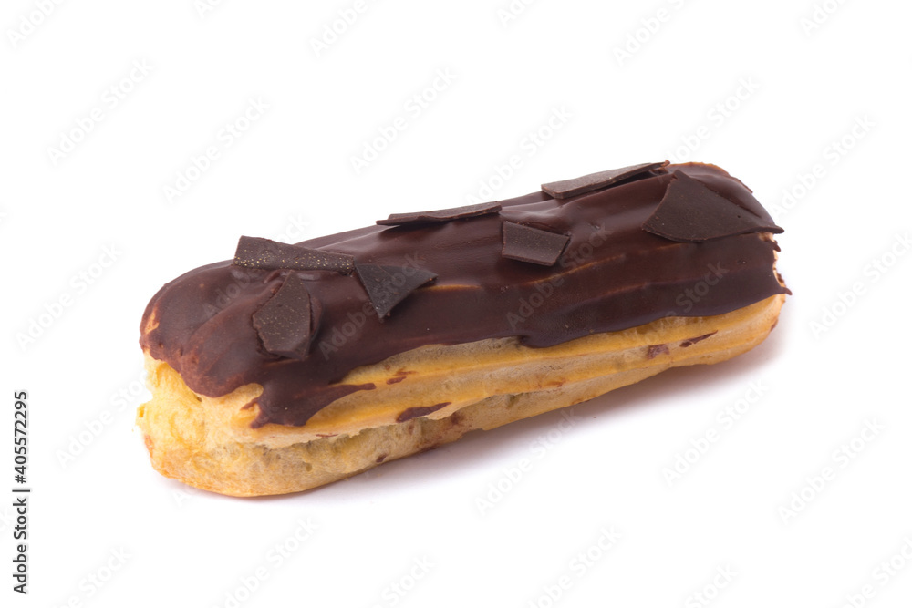 eclair with chocolate glaze isolated on white background. Food concept. Top view eclair with chocolate glaze isolated on white background. Food concept. Top view