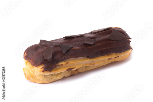 eclair with chocolate glaze isolated on white background. Food concept. Top view