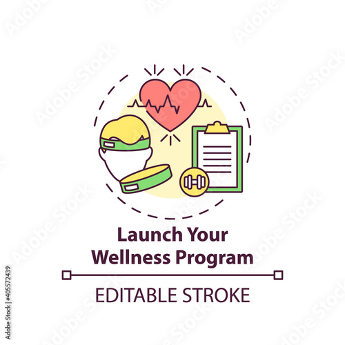 Launching wellness program concept icon. Workplace wellbeing idea thin line illustration. Fitness challenges, therapy. Critical health issue. Vector isolated outline RGB color drawing. Editable stroke