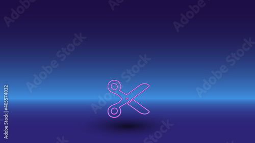 Neon scissors symbol on a gradient blue background. The isolated symbol is located in the bottom center. Gradient blue with light blue skyline