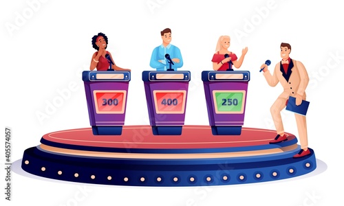 Erudite television show flat illustration. Program presenter and participants cartoon characters. Panel game, quiz studio vector illustration. Media project announcing.