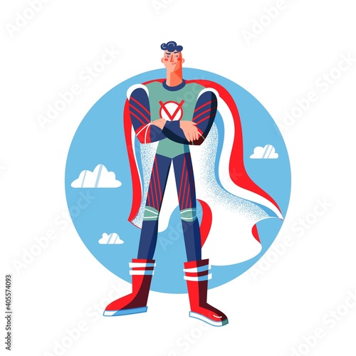 Male superhero in costume with arms crossed. Man with cape vector illustration. Cartoon comic boy with powers posing on blue sky background. Brave smiling guy standing
