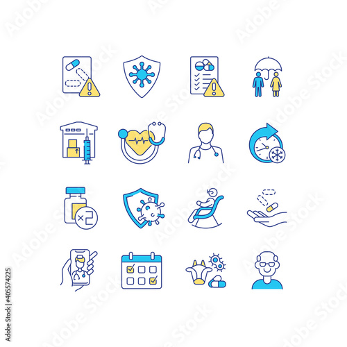 Health program RGB color icons set. Protection from dangerous viruses. Expanded immunization of your body. Ultra cold storage temperature for special medicaments. Isolated vector illustrations