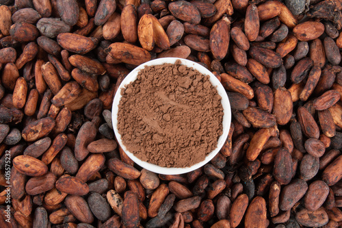 Powdered cocoa on raw cocoa beans