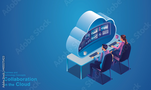 Business people working and meeting optimization and business process workflow development communication with the network Online devices data in a database on cloud services Isometric concept vector