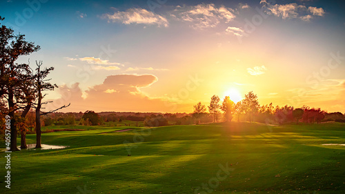 Landscape sunset sky sun nature blue green grass tree