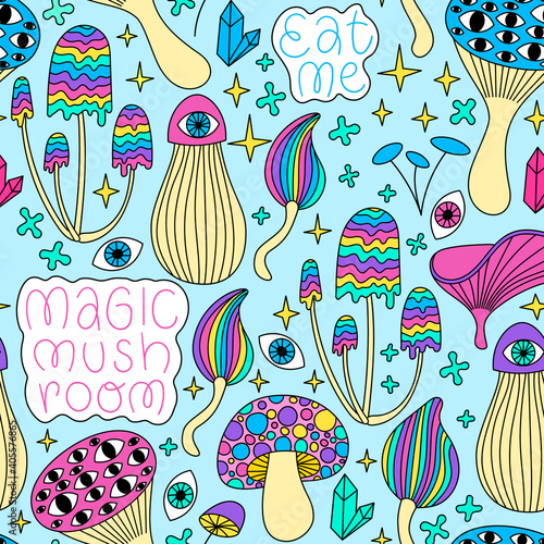 Psychedelic trippy mushroom seamless pattern. Crazy cartoon hand drawn colorful illustration. Doodle magic mushrooms, stars, lettering stickers and crystals. Background for 60's rave party.