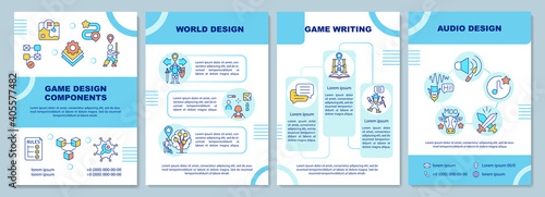 Game design components brochure template. World building, game writing. Flyer, booklet, leaflet print, cover design with linear icons. Vector layouts for magazines, annual reports, advertising posters