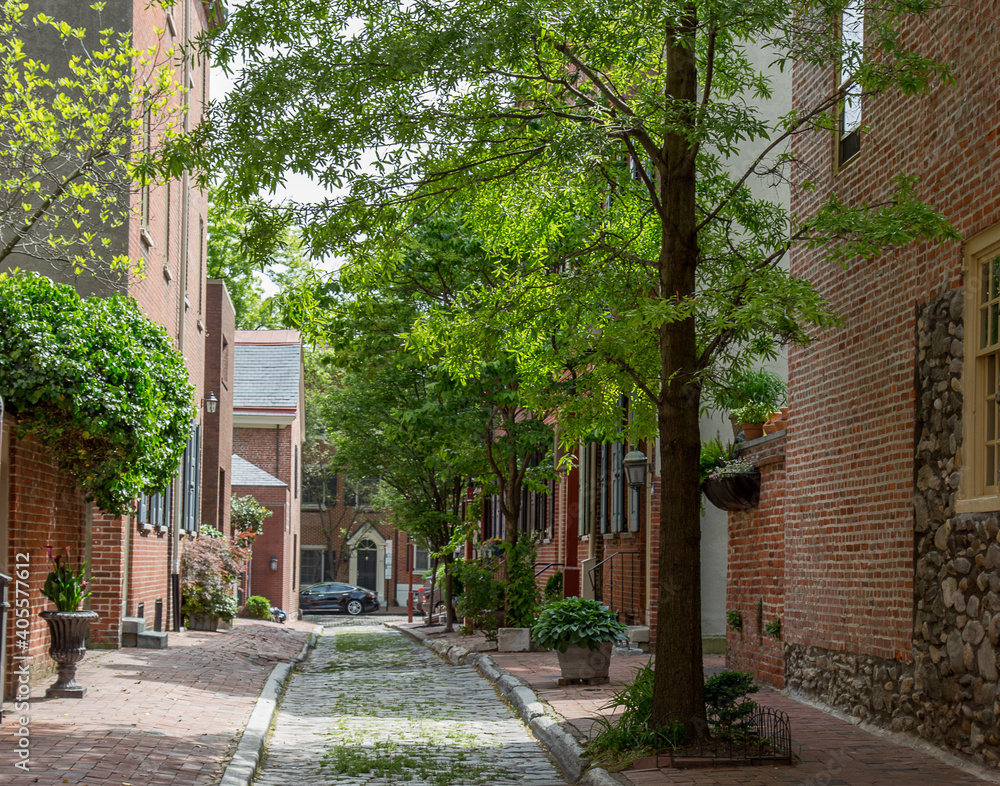 Philadelphia colonial cobblestone street.  Trees and brick homes line the street. 