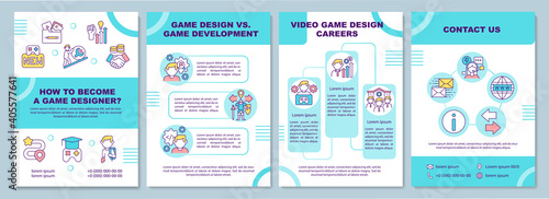 Game designer becoming brochure template. Game development, career. Flyer, booklet, leaflet print, cover design with linear icons. Vector layouts for magazines, annual reports, advertising posters