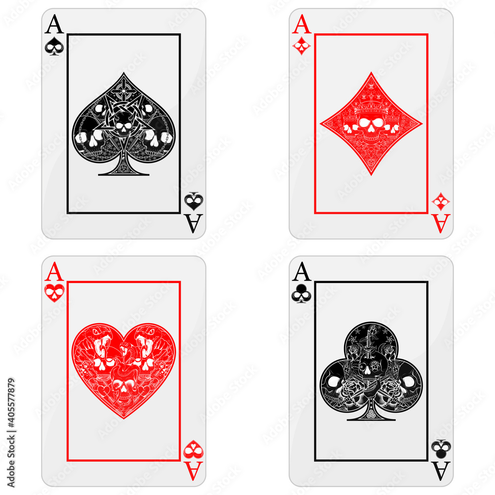 design of poker cards with skulls, the symbols of heart, diamond, clover  and ace with different line styles. Stock-Vektorgrafik | Adobe Stock
