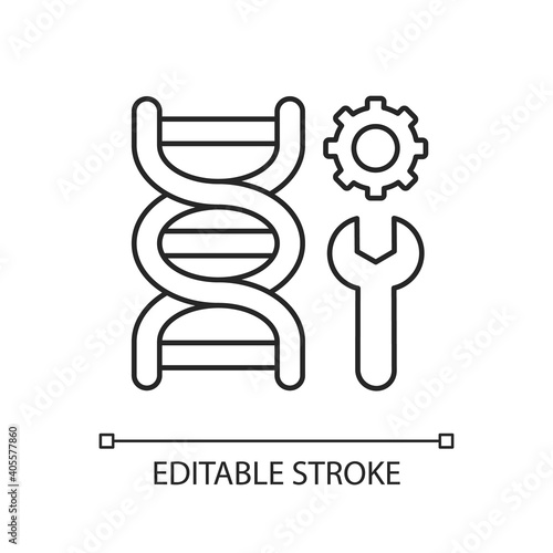 Genetic engineering linear icon. DNA structure. Scientific research. Experiment with molecule. Thin line customizable illustration. Contour symbol. Vector isolated outline drawing. Editable stroke