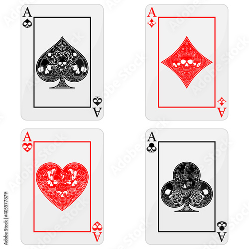 design of poker cards with skulls, the symbols of heart, diamond, clover and ace with different line styles.