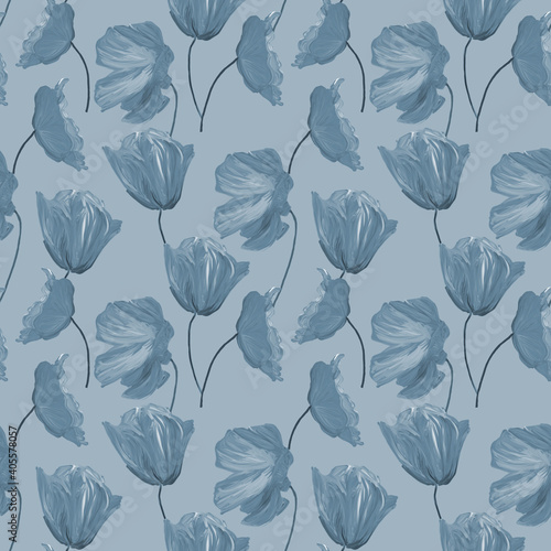 Hand-drawn gouache floral seamless pattern with the monochrome poppy flowers on blue background, Natural repeated print for textile, wallpaper.