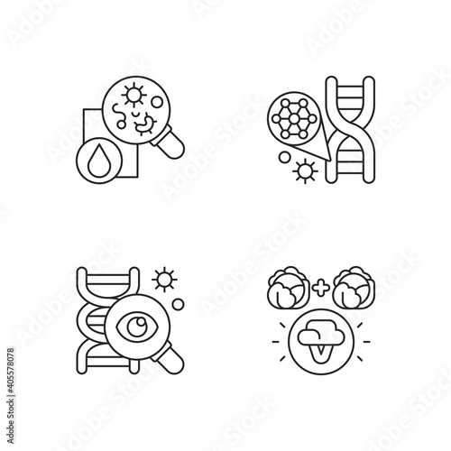 Microbiology linear icons set. Genetic engineering. DNA structure. Selective breeding. Genetic research. Customizable thin line contour symbols. Isolated vector outline illustrations. Editable stroke