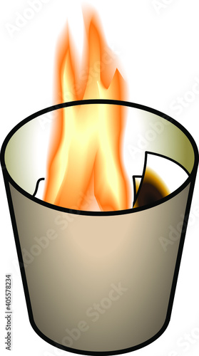 Burning paper in a waste bin.