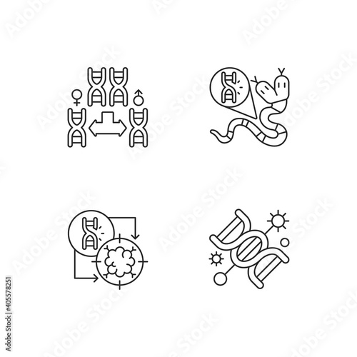 DNA manipulation linear icons set. Chromosome division. Genetic mutation. Gene silencing. Customizable thin line contour symbols. Isolated vector outline illustrations. Editable stroke
