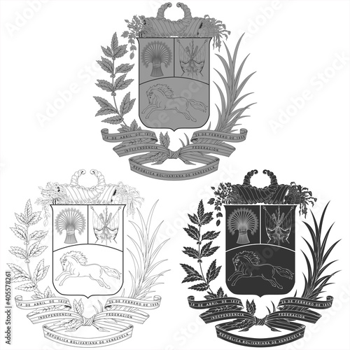 Vector design of the coat of arms of Venezuela, in three different styles