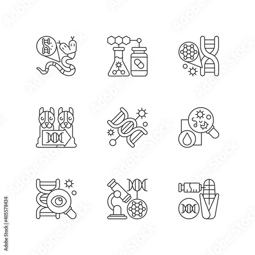 DNA structure experiment linear icons set. Genetic mutation. Genetically modiheredityfied organism. Customizable thin line contour symbols. Isolated vector outline illustrations. Editable stroke