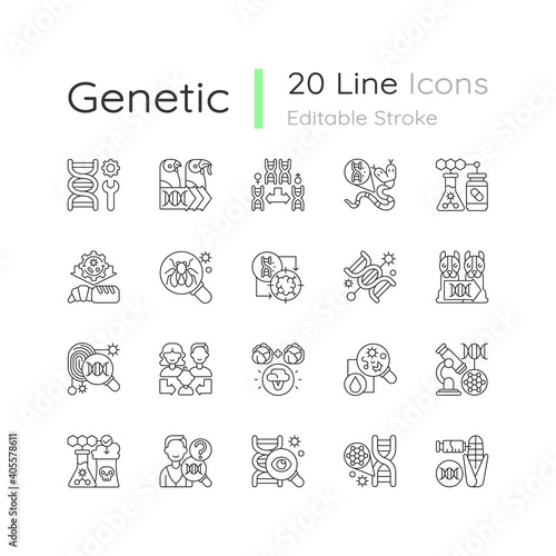 Genetic engineering linear icons set. Chromosome division. Animal mutation. Medical biotechnology. Customizable thin line contour symbols. Isolated vector outline illustrations. Editable stroke