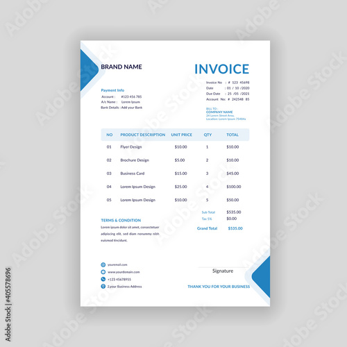 blue color modern business invoice template, clean and minimal, quotation, bill, voucher, receipt voucher