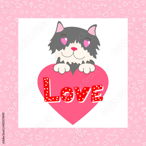 Valentine's day template greeting card with cute cat. Happy Valentine's day, Love you text. Holiday concept. Vector illustration for design. Background with hearts.