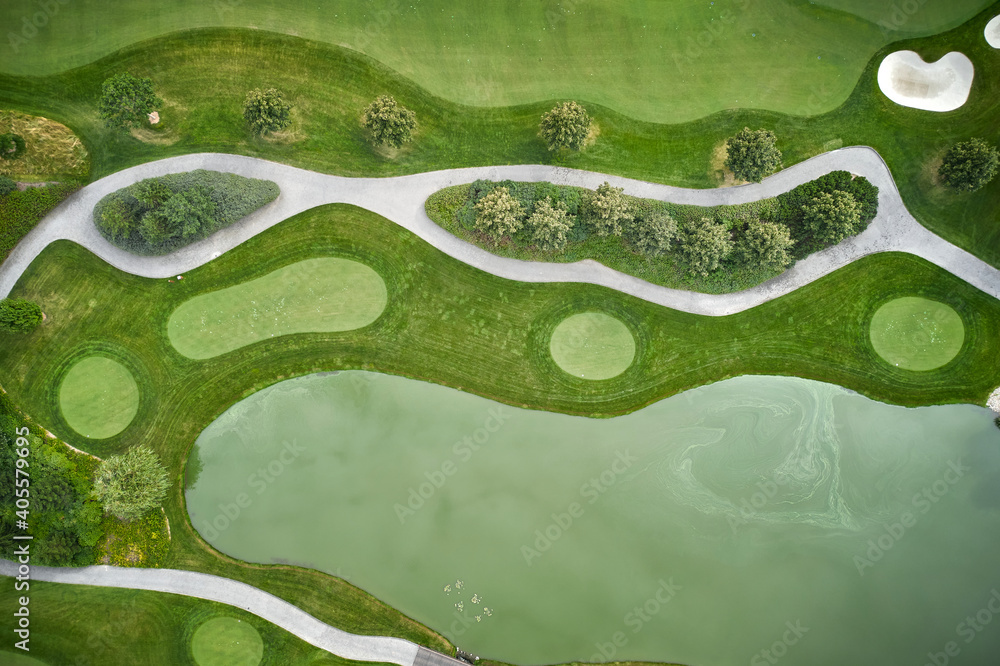 Zdjęcie Stock: Golf course seen from above aerial view from drone