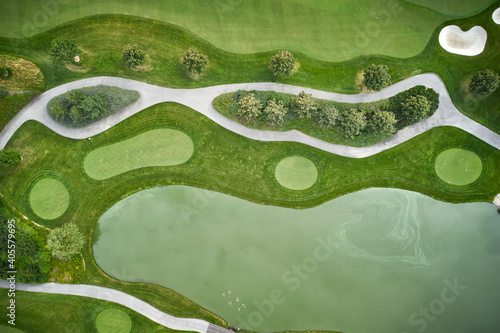 Golf course seen from above aerial view from drone photo